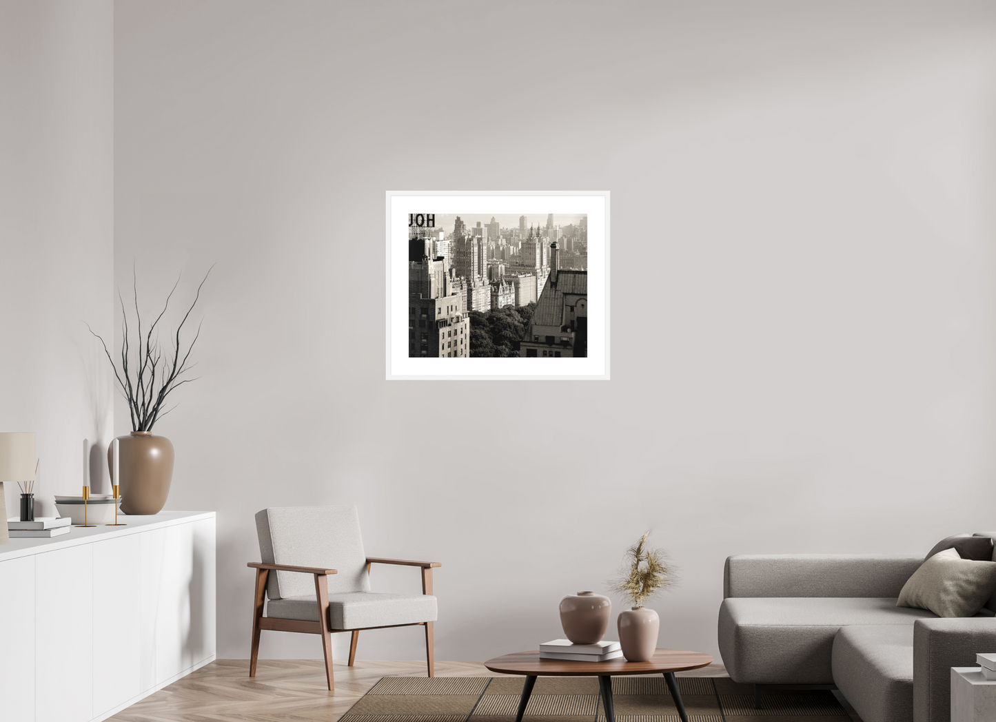 29.7 x 24″, Solid 0.8" White Wood Frame With 3" Natural White Passe-Partout with Museum Glass The Dakota