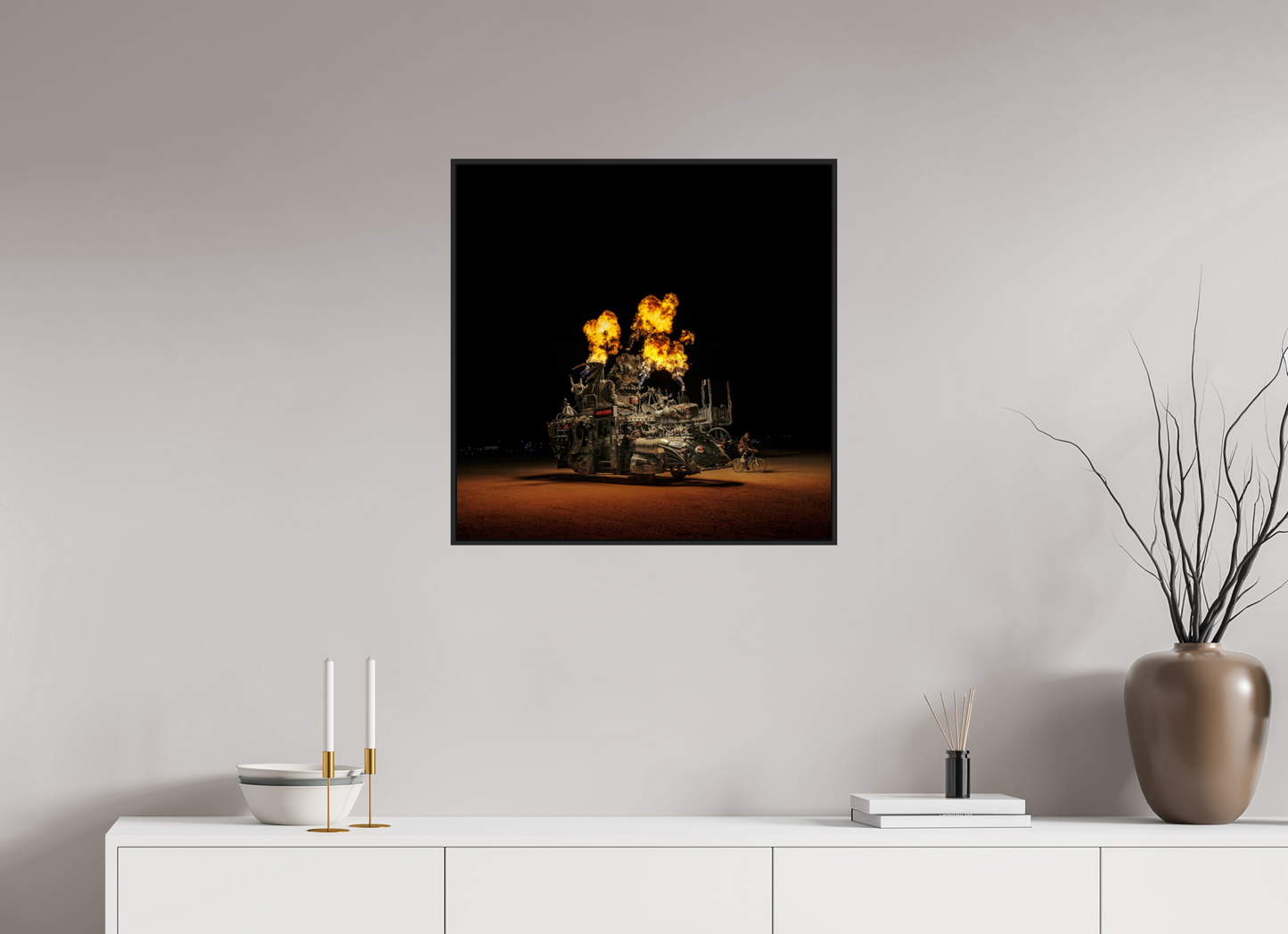 25 x 25″, Black Matte Frame, No Border Burning Man - Art Car Rabid Transit