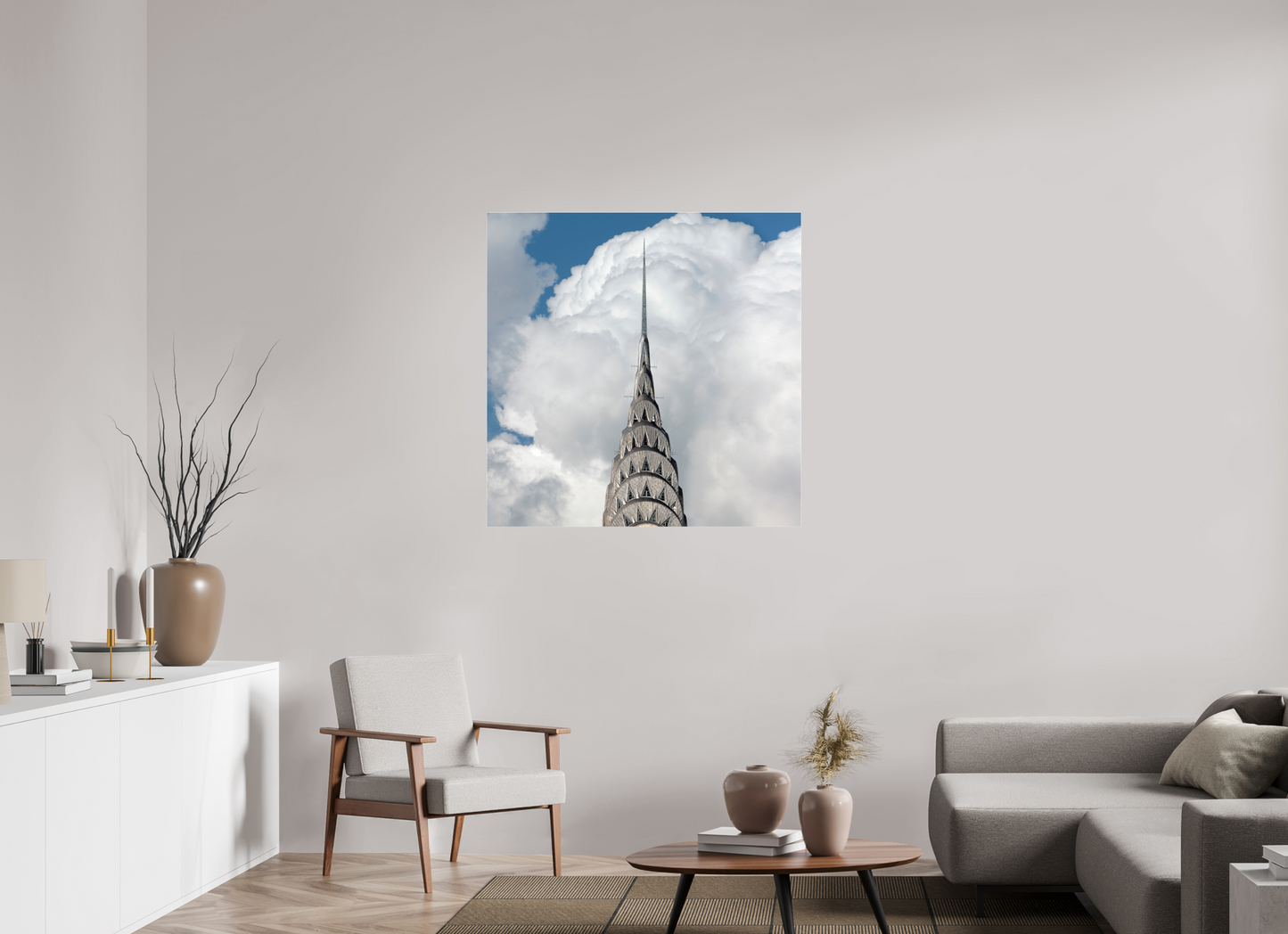 40 x 40″, Frameless Acrylic Glass Chrysler Building with Clouds