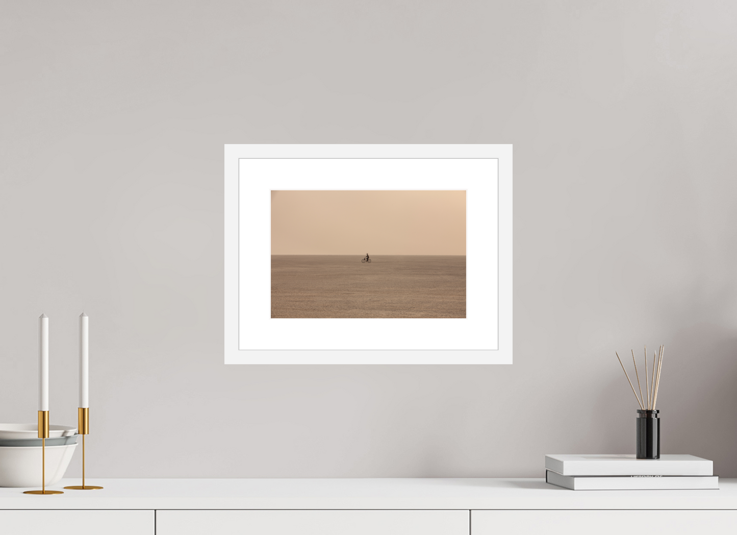 12 x 8″, Solid 0.8" White Wood Frame With 2" Natural White Passe-Partout with Museum Glass Burning Man - Woman on Bike