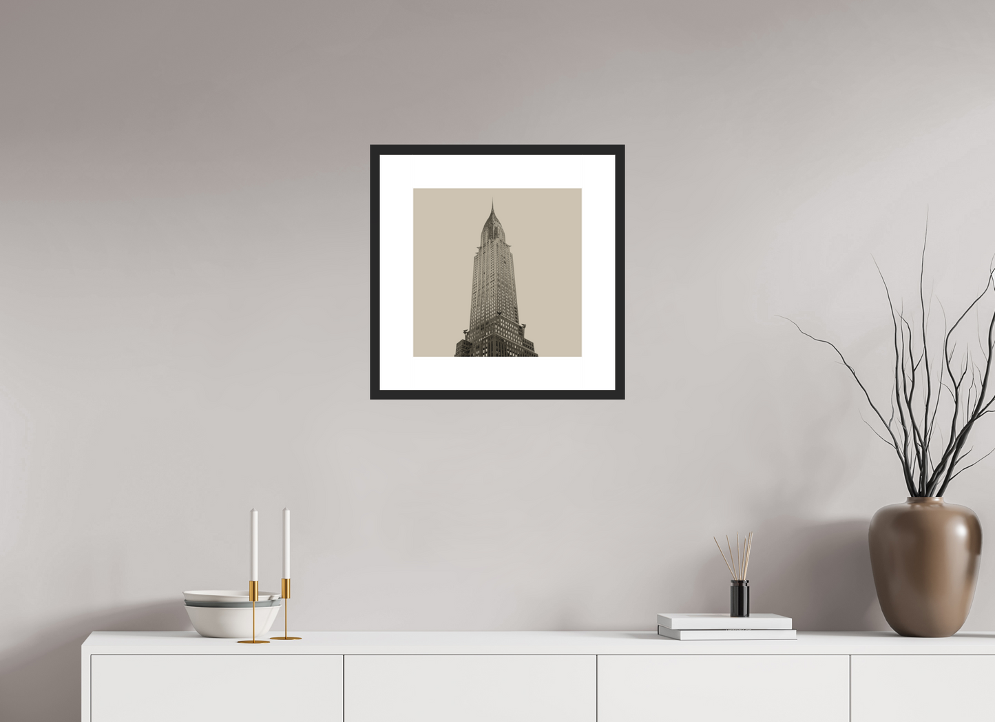 15 x 15″, Solid 0.8" Black Wood Frame With 3" Natural White Passe-Partout with Museum Glass Chrysler Building, NY