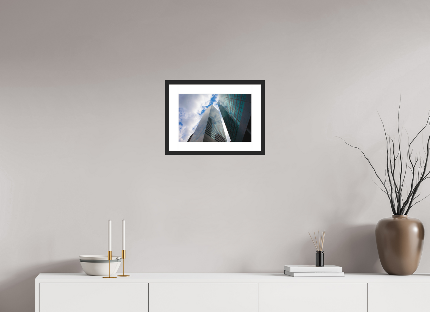 15 x 10″, Solid 0.8" Black Wood Frame With 2" Natural White Passe-Partout with Museum Glass Manhattan Skyscrappers