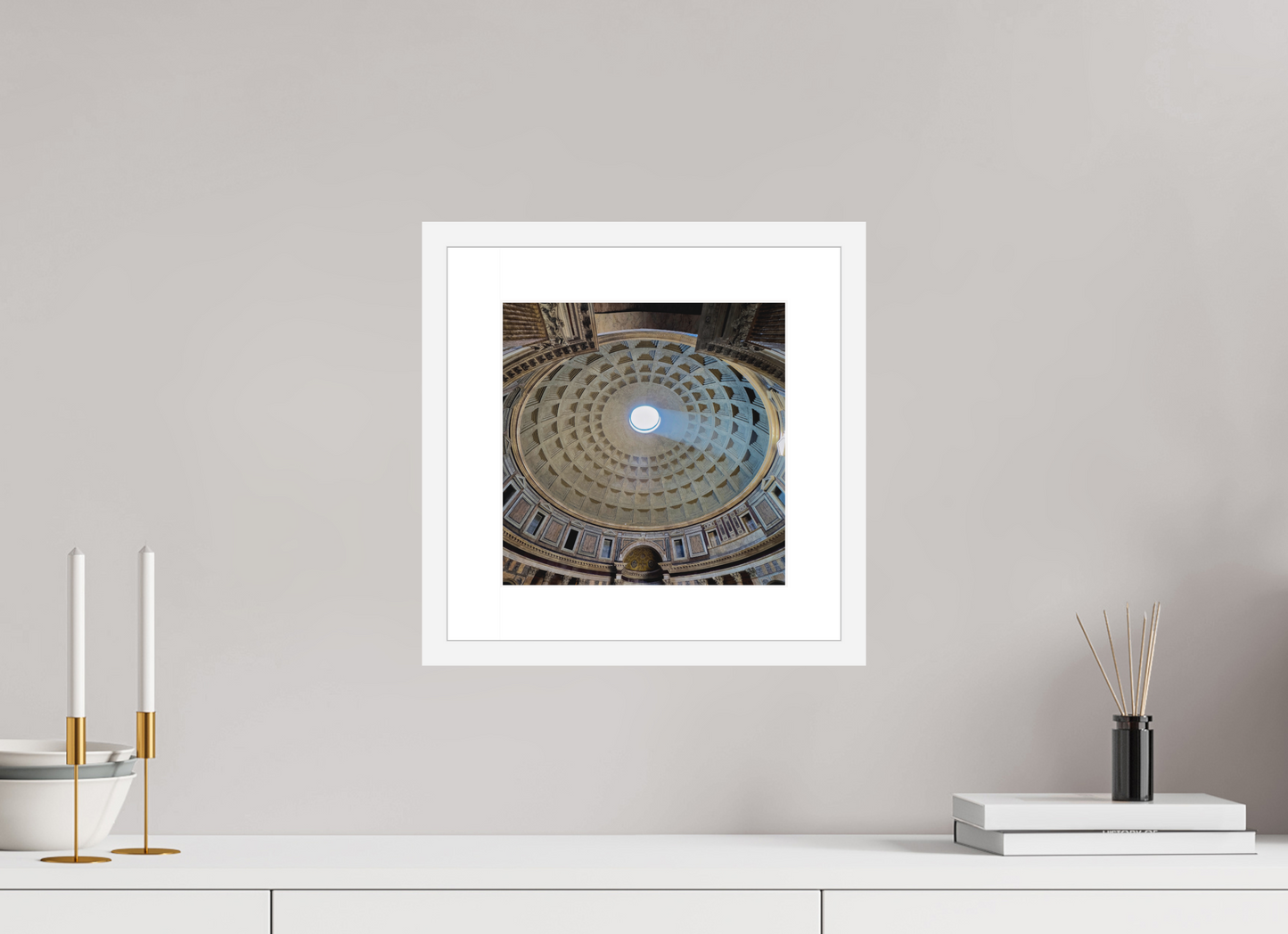 10 x 10″, Solid 0.8" White Wood Frame With 2" Natural White Passe-Partout with Museum Glass Pantheon