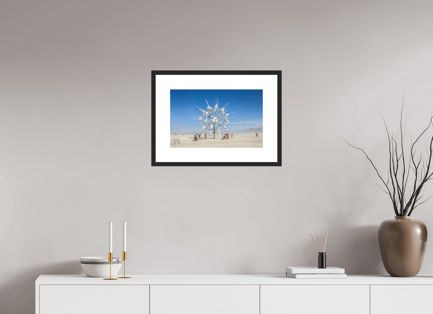 18.9 x 12″, Solid 0.8" Black Wood Frame With 3" Natural White Passe-Partout with Museum Glass Burning Man - Gathering at Radia Lumia