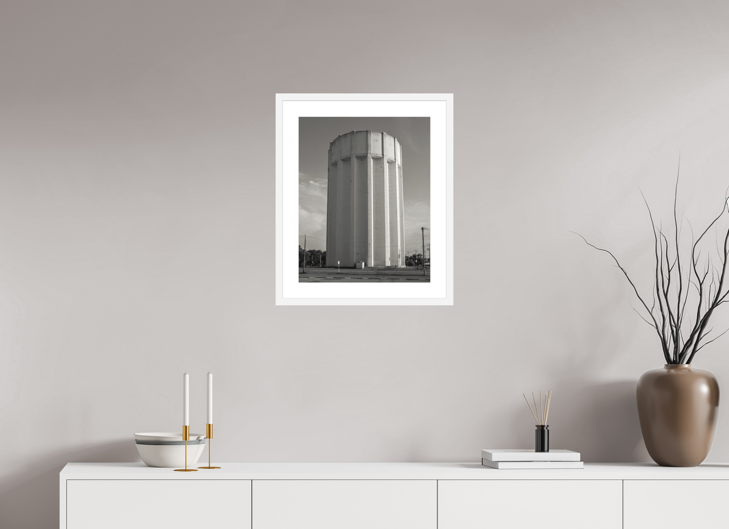 16 x 20″, Solid 0.8" White Wood Frame With 2" Natural White Passe-Partout with Museum Glass Ribbed Water Tower Kansas