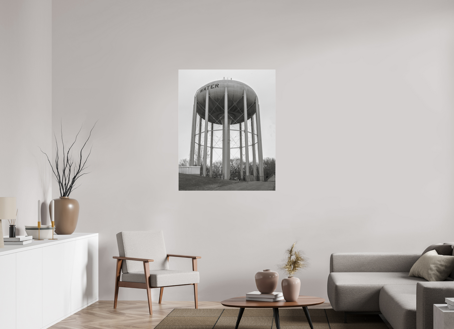 35 x 43.7″, Frameless Acrylic Glass Grey Water Tower