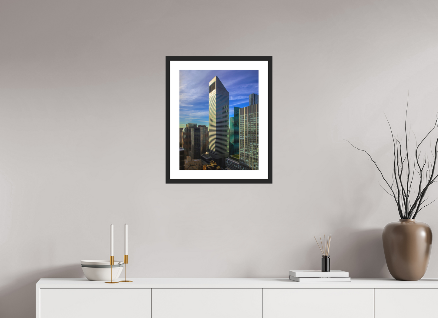 16 x 20″, Solid 0.8" Black Wood Frame With 2" Natural White Passe-Partout with Museum Glass CitiCorp Tower