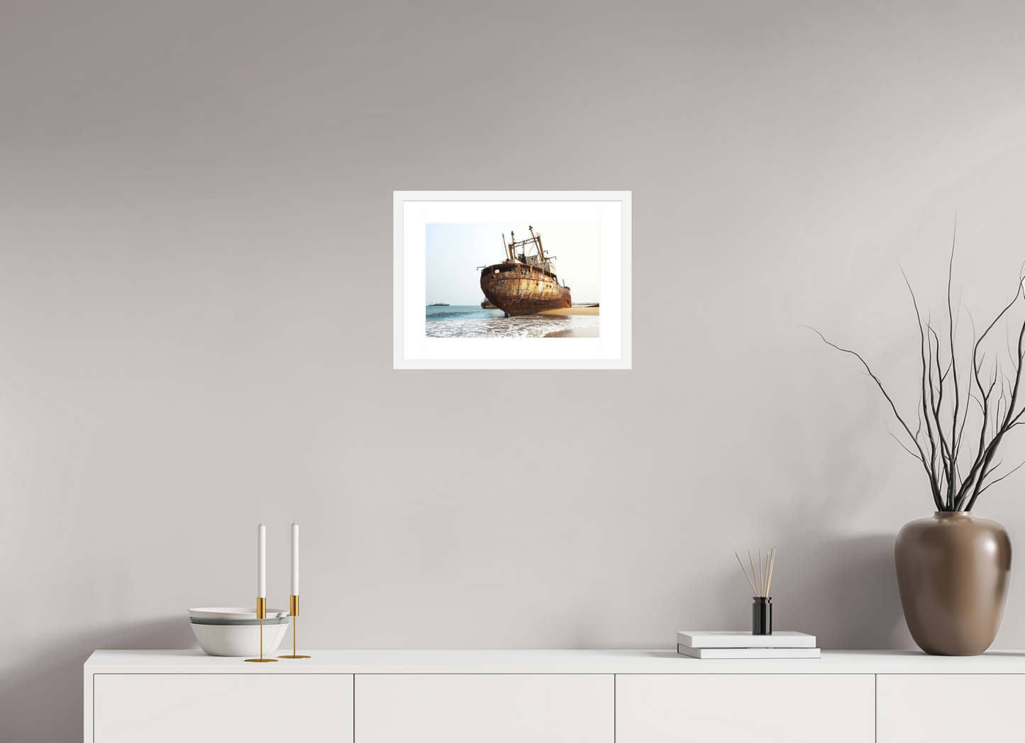 15 x 10″, Solid 0.8" White Wood Frame With 2" Natural White Passe-Partout with Museum Glass Grounded Ships Angola