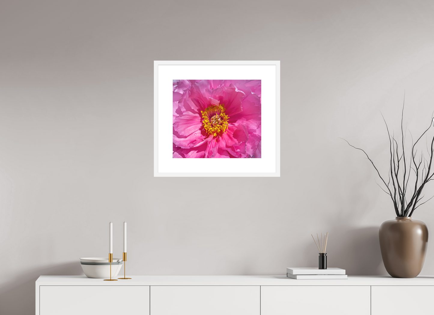18 x 16″, Solid 0.8" White Wood Frame With 3" Natural White Passe-Partout with Museum Glass Pink Flower