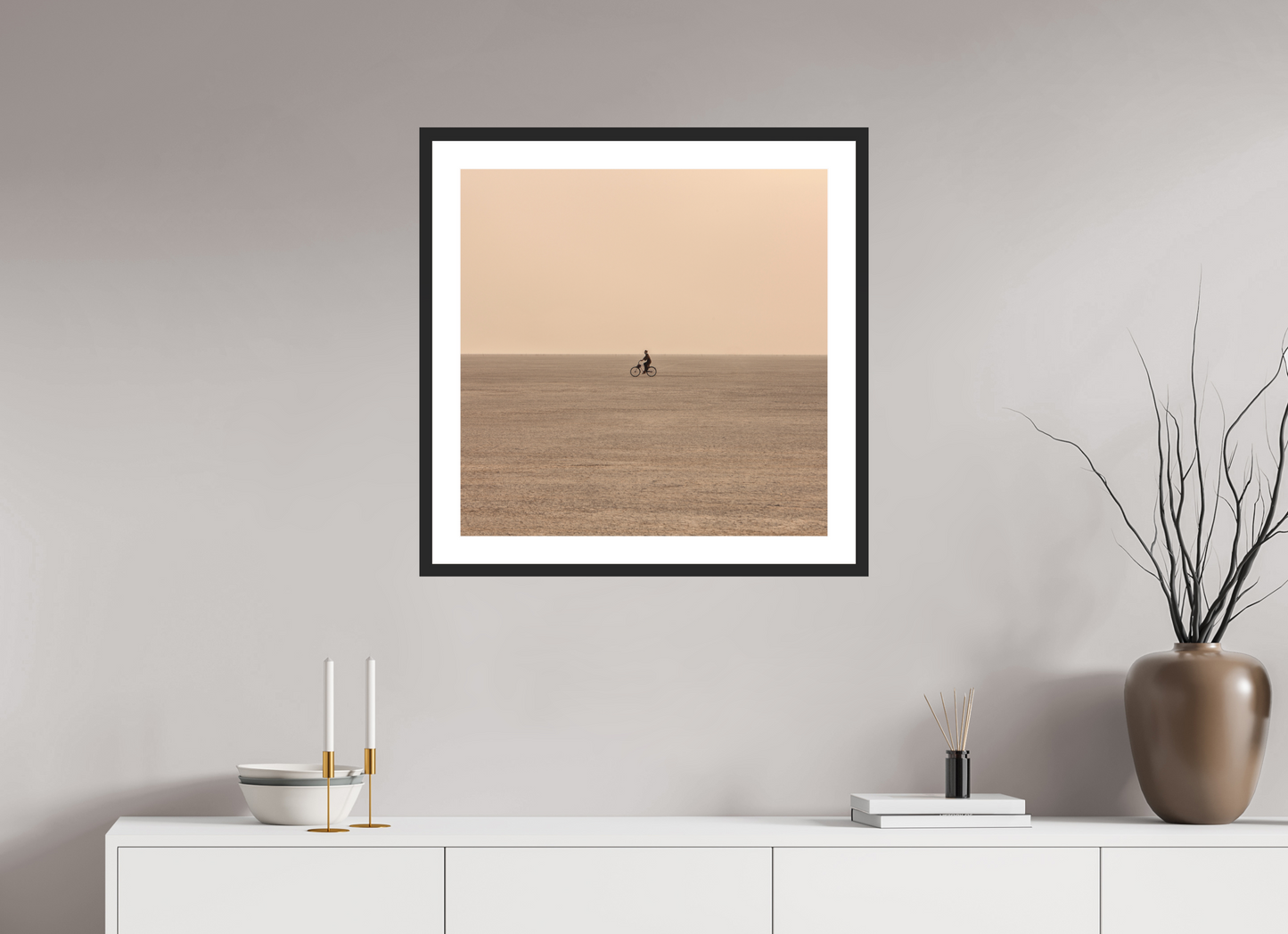 25 x 25″, Solid 0.8" Black Wood Frame With 2" Natural White Passe-Partout with Museum Glass Burning Man - Woman on Bike (square format)