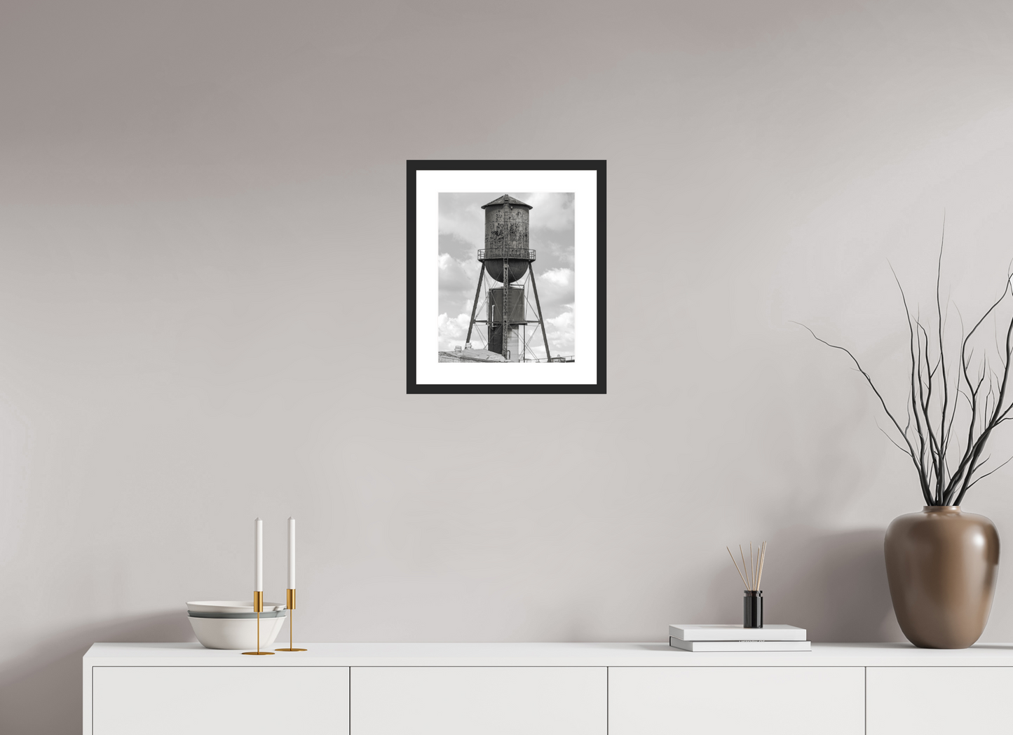 12 x 14.9″, Solid 0.8" Black Wood Frame With 2" Natural White Passe-Partout with Museum Glass Green Water Tower