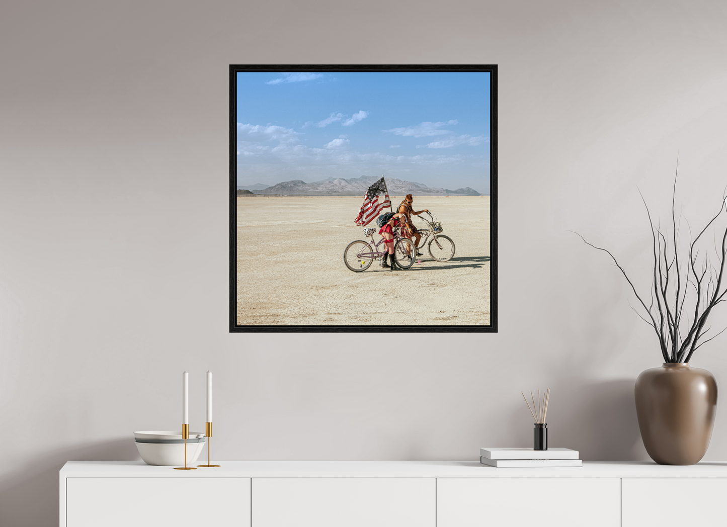 30 x 30″, Floater Frame Burning Man - Two with Bikes and USA Flag