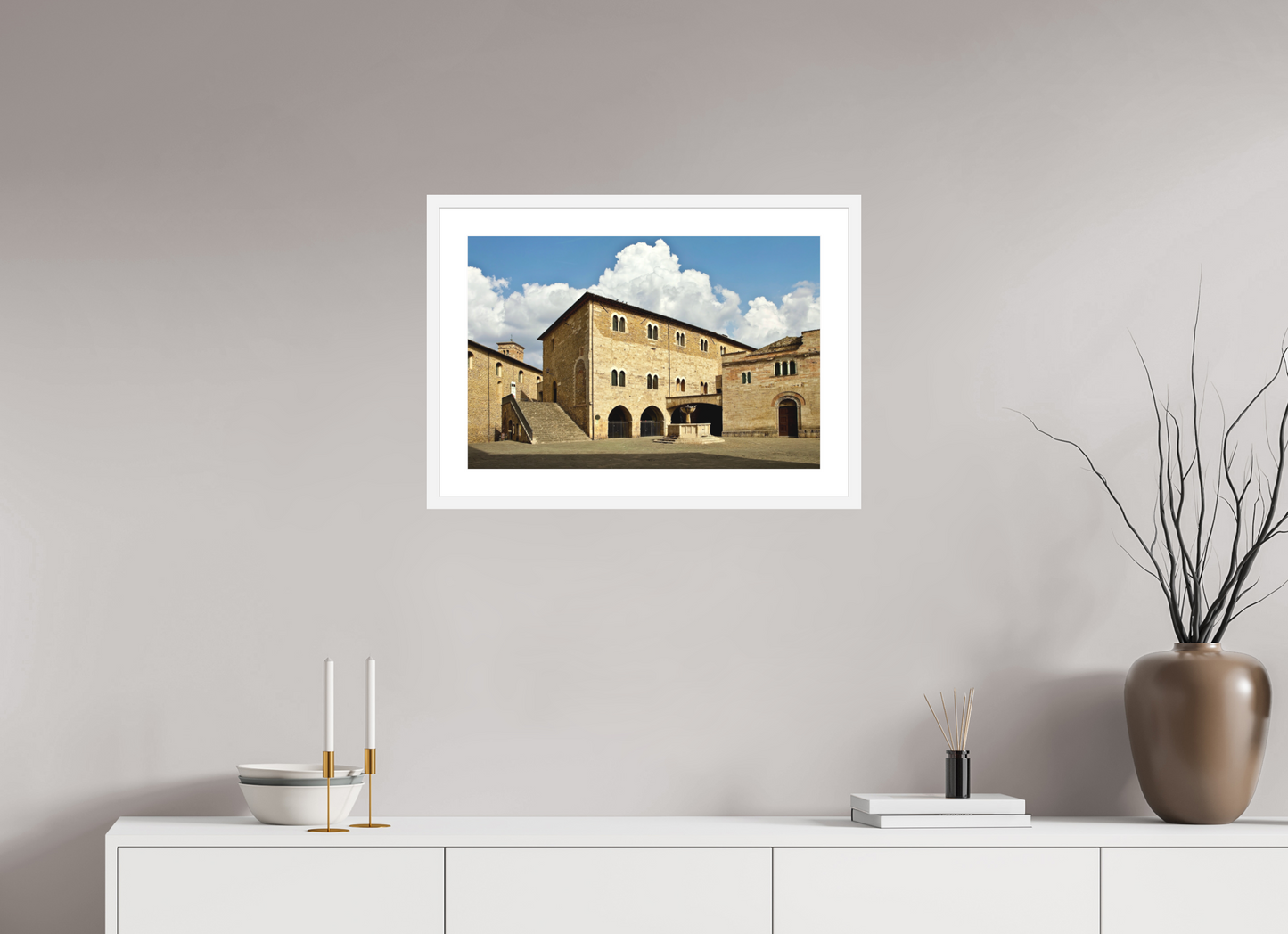 24 x 16″, Solid 0.8" White Wood Frame With 2" Natural White Passe-Partout with Museum Glass Romanesque Church of San Silvestro