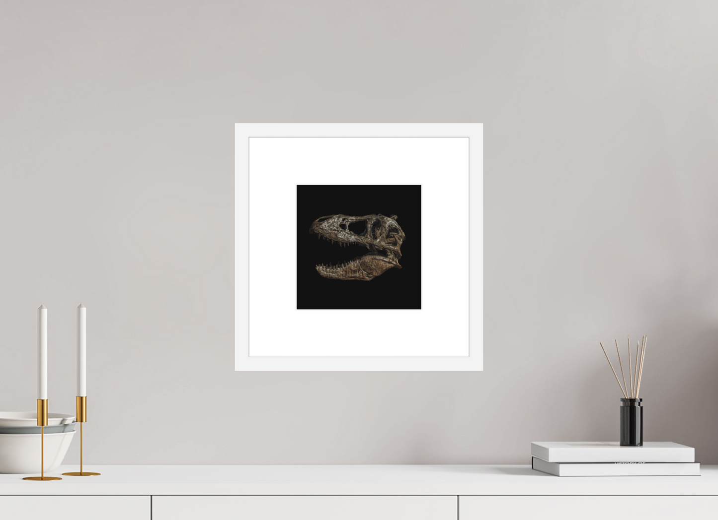 8 x 8″, Solid 0.8" White Wood Frame With 3" Natural White Passe-Partout with Museum Glass T-Rex Skull