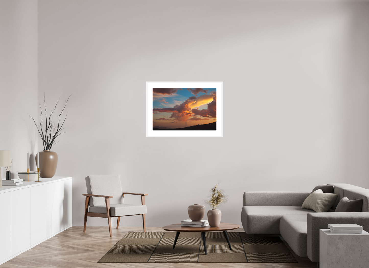 36 x 24″, Solid 0.8" White Wood Frame With 3" Natural White Passe-Partout with Museum Glass Sunset Clouds and Mountains