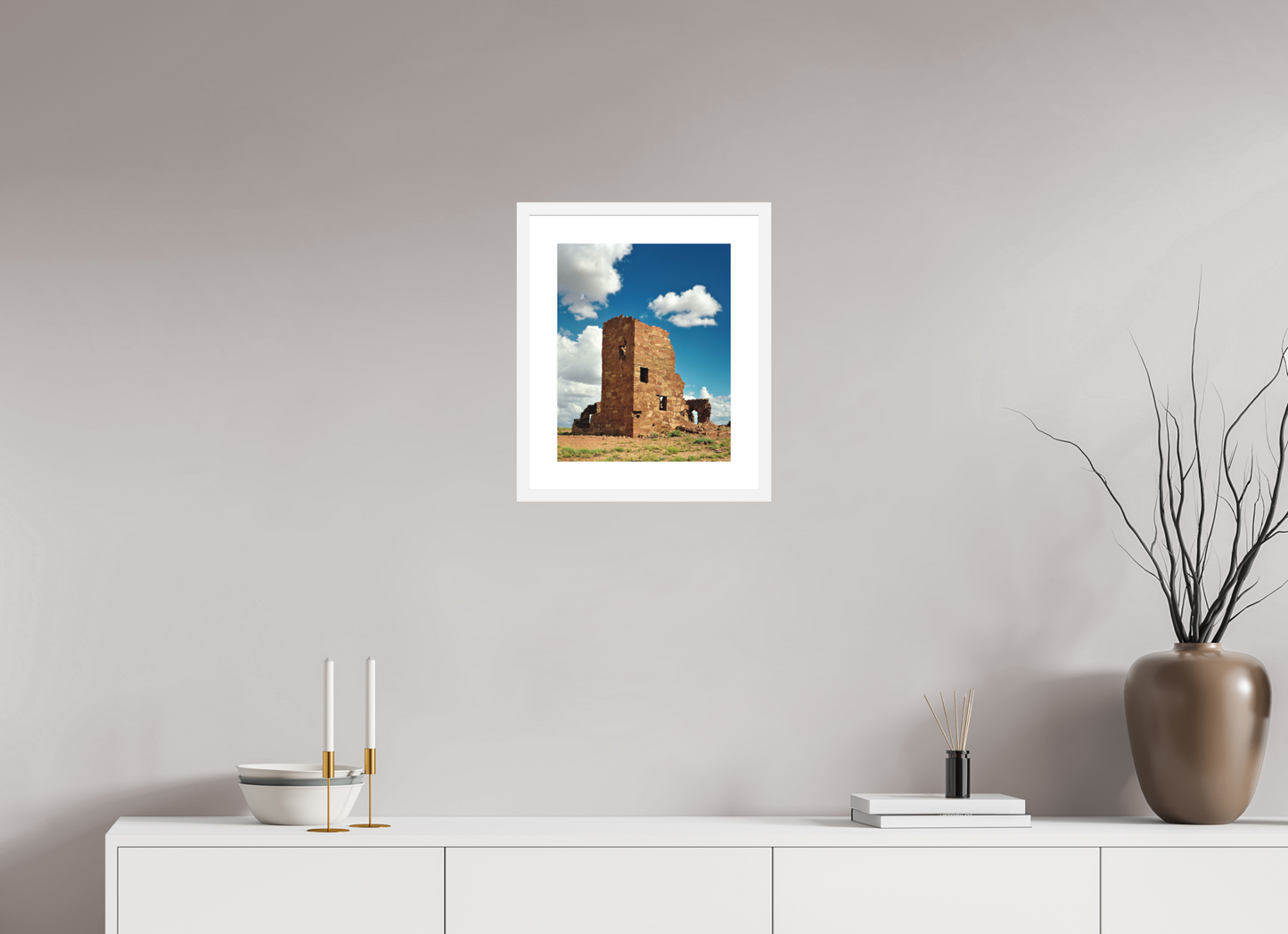 12 x 15″, Solid 0.8" White Wood Frame With 2" Natural White Passe-Partout with Museum Glass Adobe Ruin