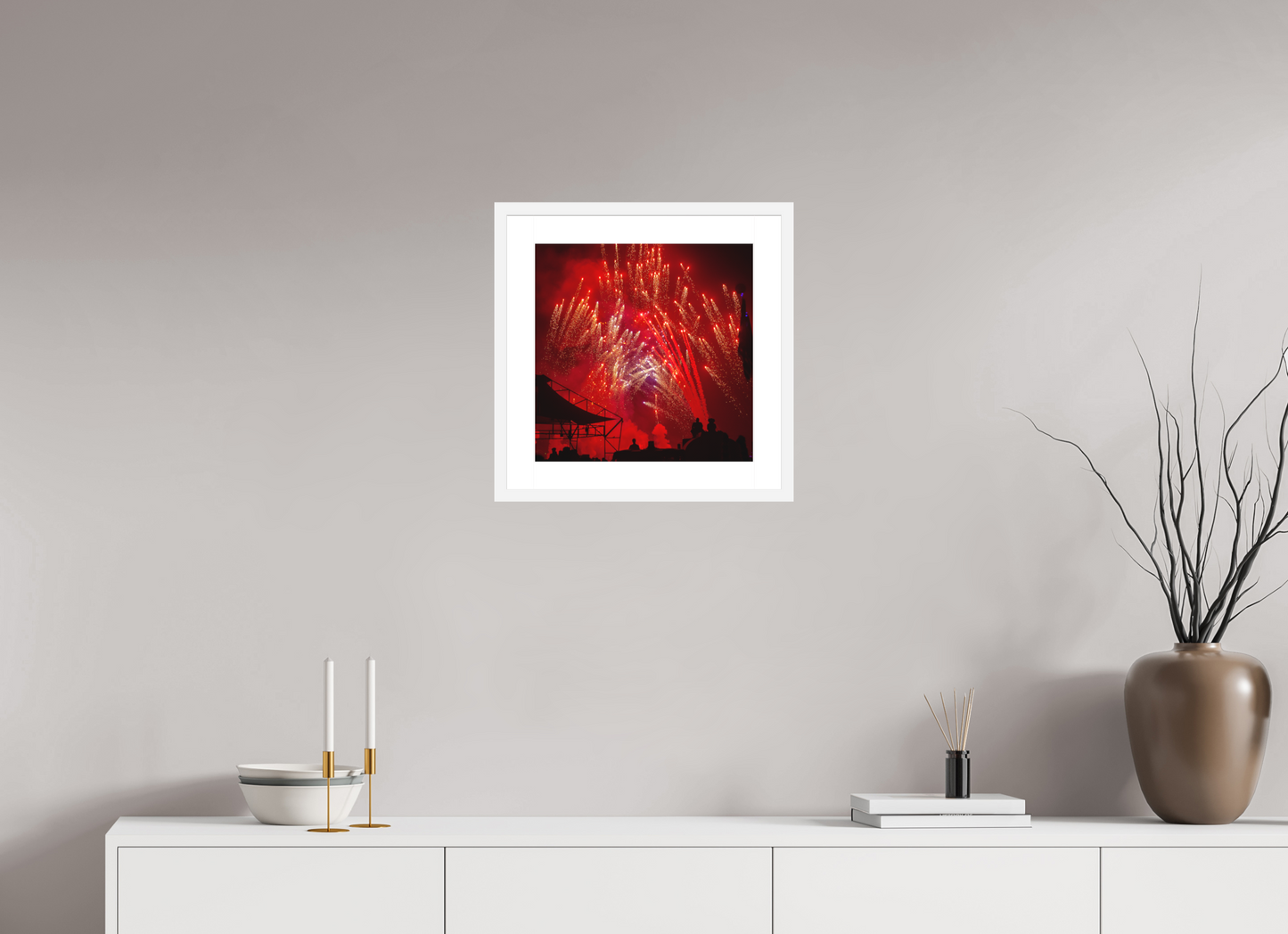 15 x 15″, Solid 0.8" White Wood Frame With 2" Natural White Passe-Partout with Museum Glass Burning Man - Red Fireworks (square format)