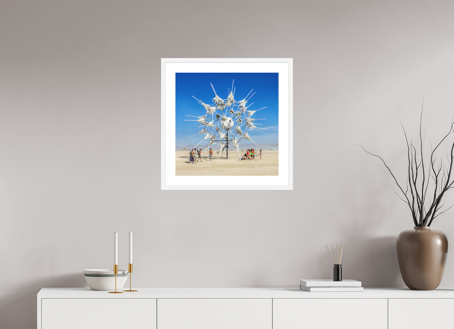 20 x 20″, Solid 0.8" White Wood Frame With 2" Natural White Passe-Partout with Museum Glass Burning Man - Gathering at Radia Lumia (square format)