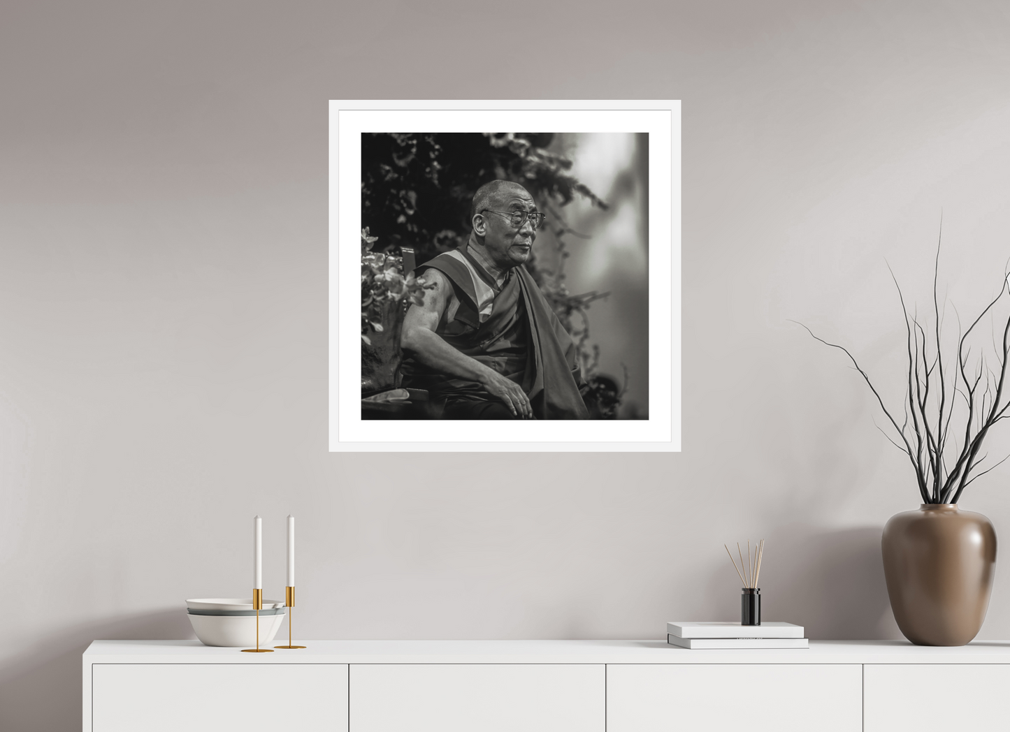 25 x 25″, Solid 0.8" White Wood Frame With 2" Natural White Passe-Partout with Museum Glass His Holiness the Dalai Lama
