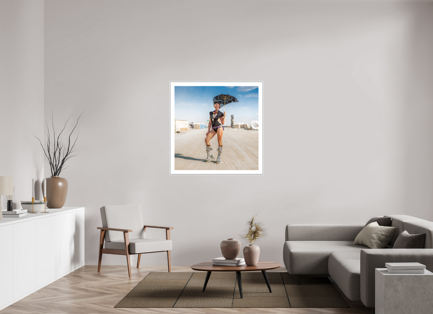 40 x 40″, White Matte Frame Burning Man - Attendee with Parasol