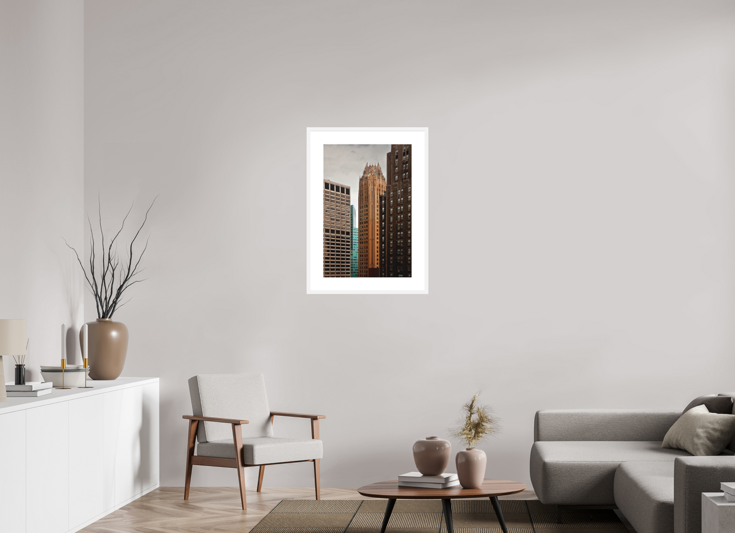 20 x 30″, Solid 0.8" White Wood Frame With 3" Natural White Passe-Partout with Museum Glass General Electric Building