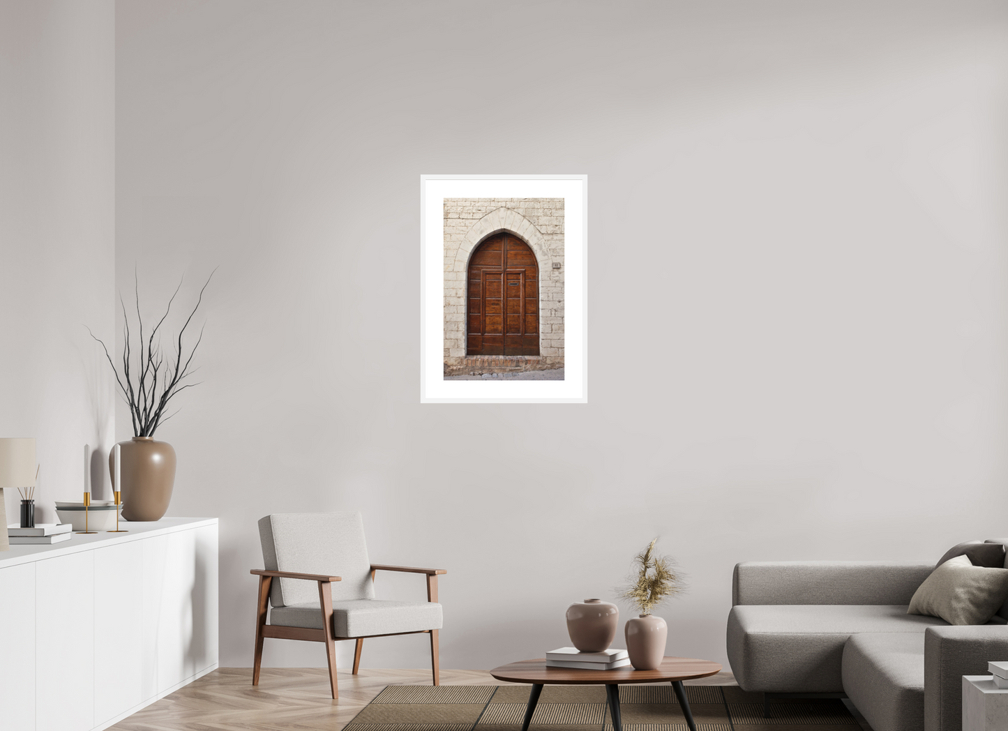 20 x 30″, Solid 0.8" White Wood Frame With 3" Natural White Passe-Partout with Museum Glass Umbrian Door