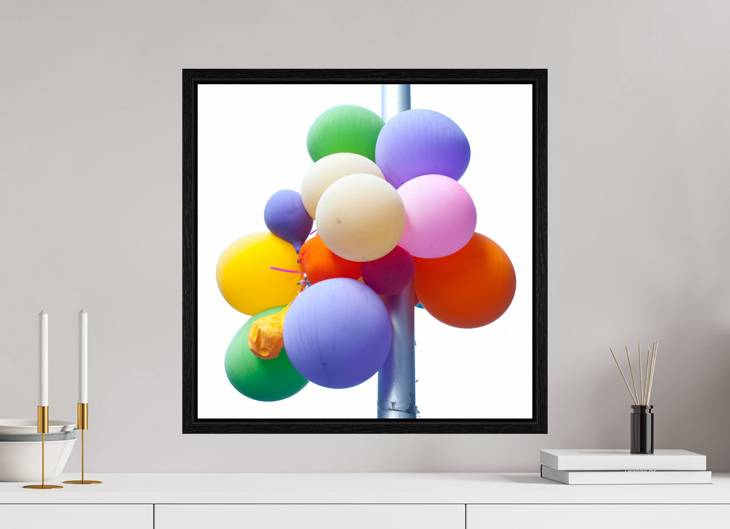 20 x 20″, Floater Frame Colorful Ballons Tied to a Lamp Post