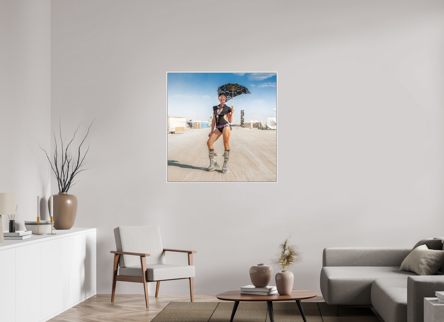 40 x 40″, White Matte Frame, No Border Burning Man - Attendee with Parasol
