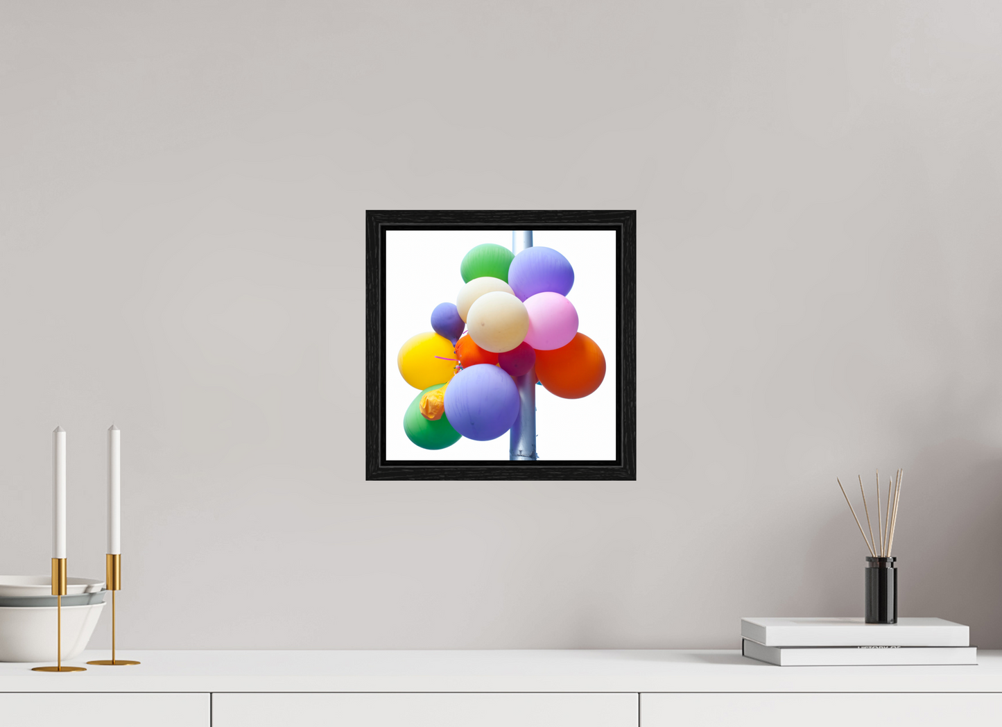 10 x 10″, Floater Frame Colorful Ballons Tied to a Lamp Post