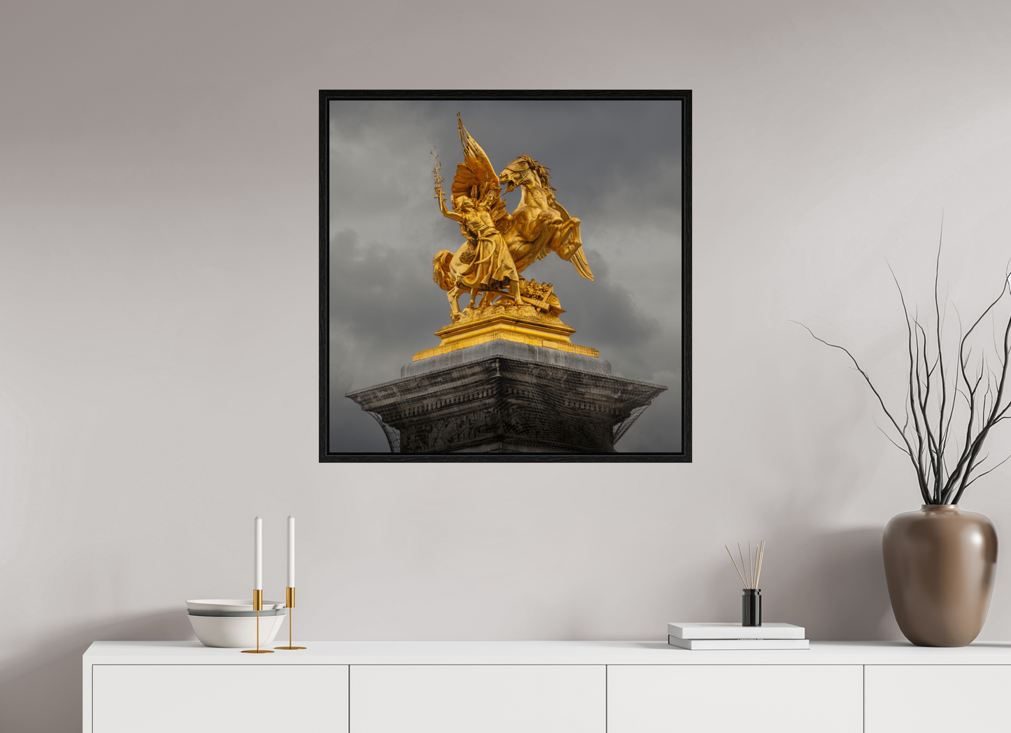 30 x 30″, Floater Frame Pegasus and Fame Sculpture