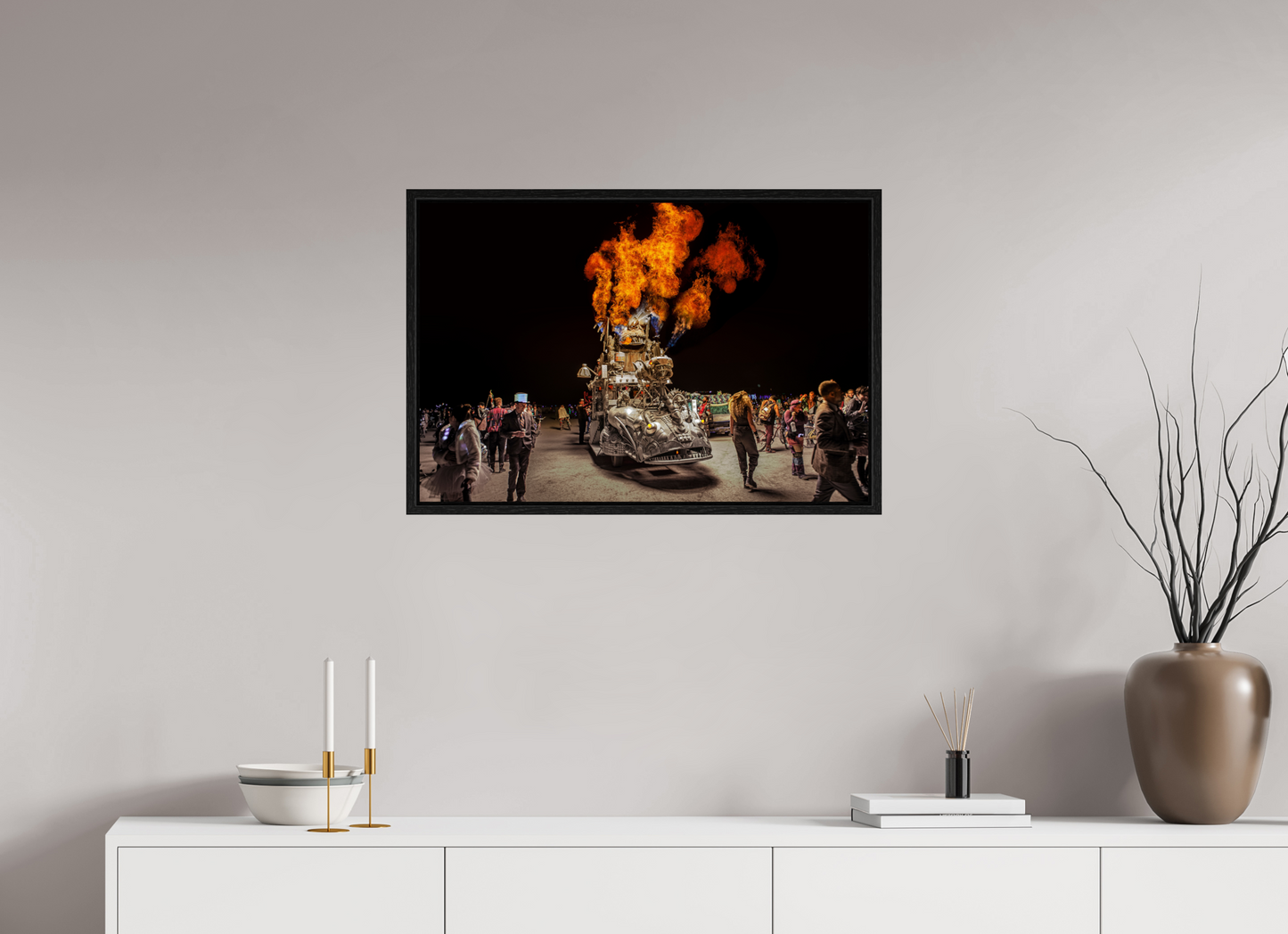 30 x 20″, Floater Frame Burning Man - Art Car with Flames