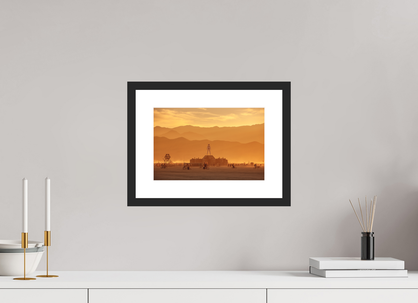 12 x 8″, Solid 0.8" Black Wood Frame With 2" Natural White Passe-Partout with Museum Glass Burning Man - Burning Man and Mountains