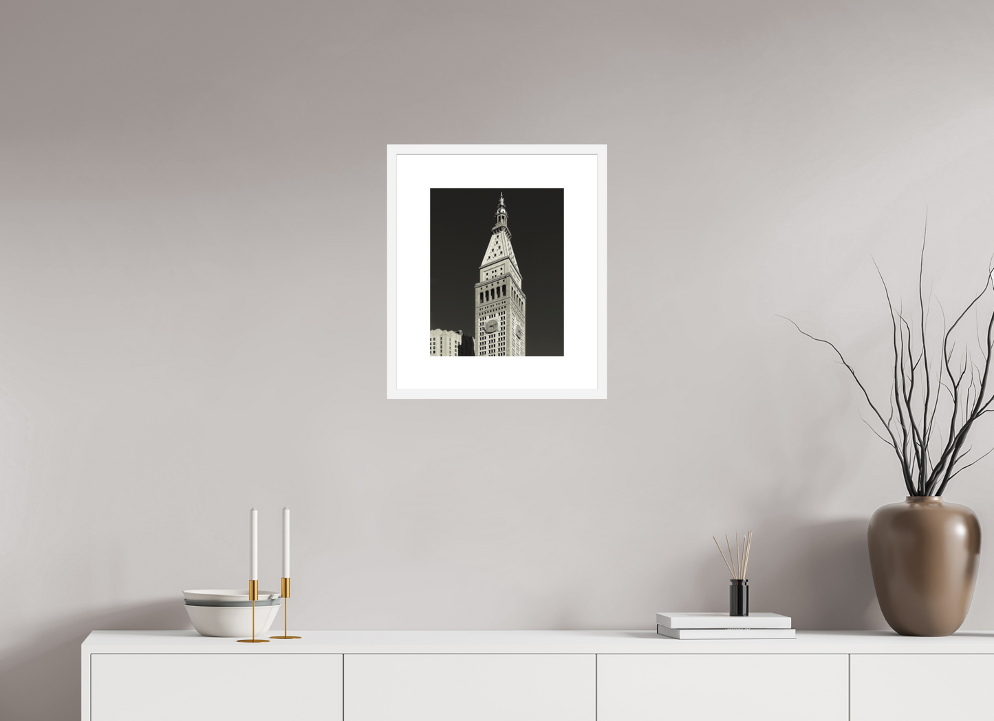 12 x 15″, Solid 0.8" White Wood Frame With 3" Natural White Passe-Partout with Museum Glass Metropolitan Life Insurance Company Tower