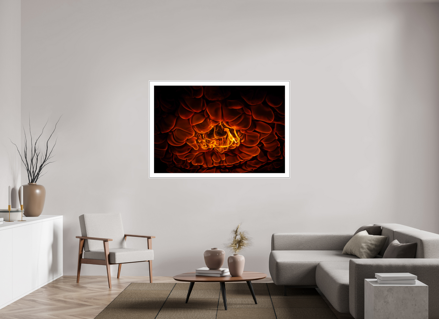 60 x 40″, White Matte Frame Burning Man - Flames