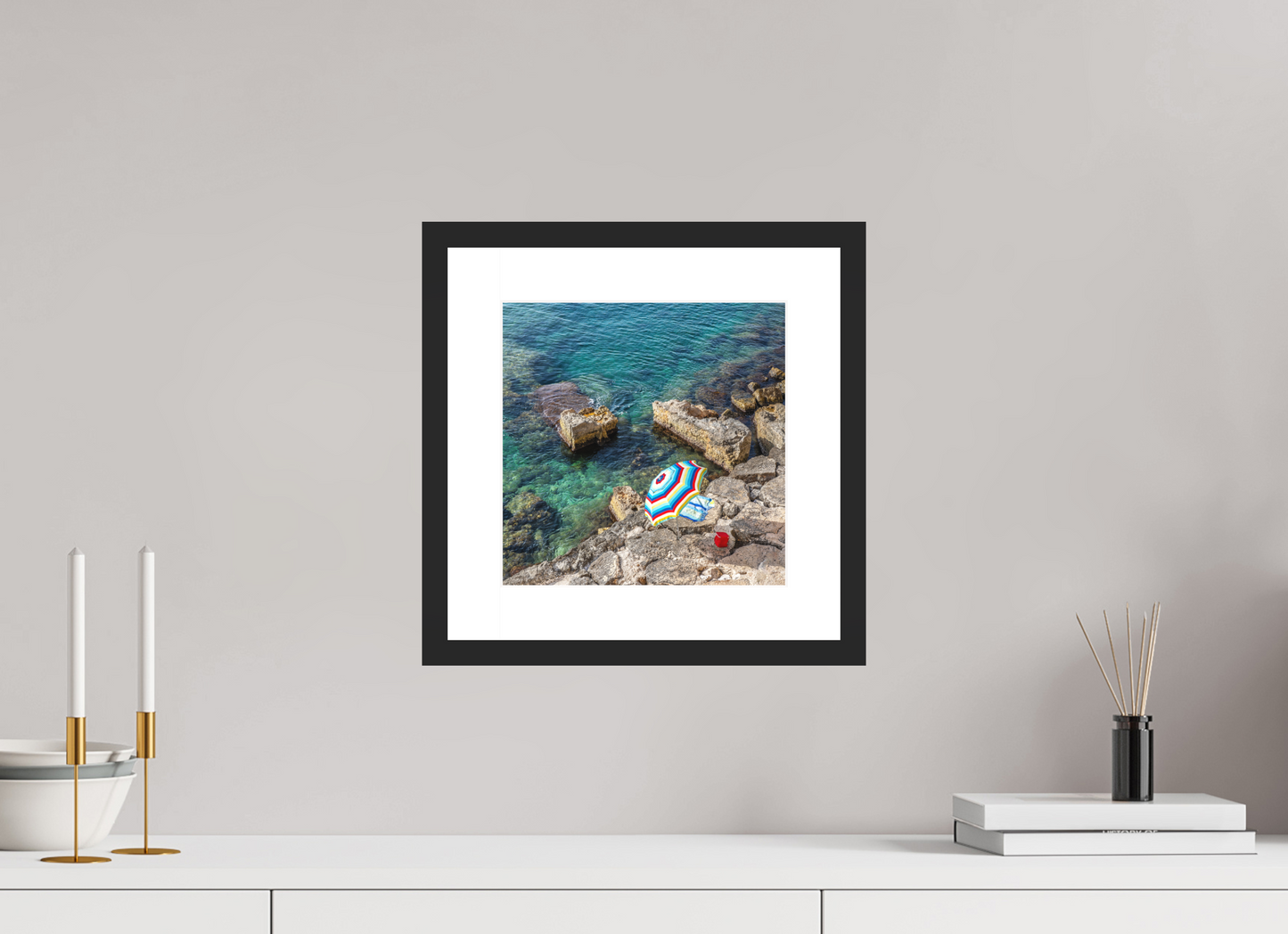 10 x 10″, Solid 0.8" Black Wood Frame With 2" Natural White Passe-Partout with Museum Glass Monopoli Beach