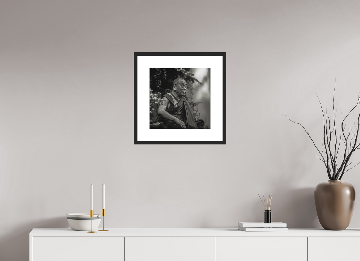 15 x 15″, Solid 0.8" Black Wood Frame With 3" Natural White Passe-Partout with Museum Glass His Holiness the Dalai Lama