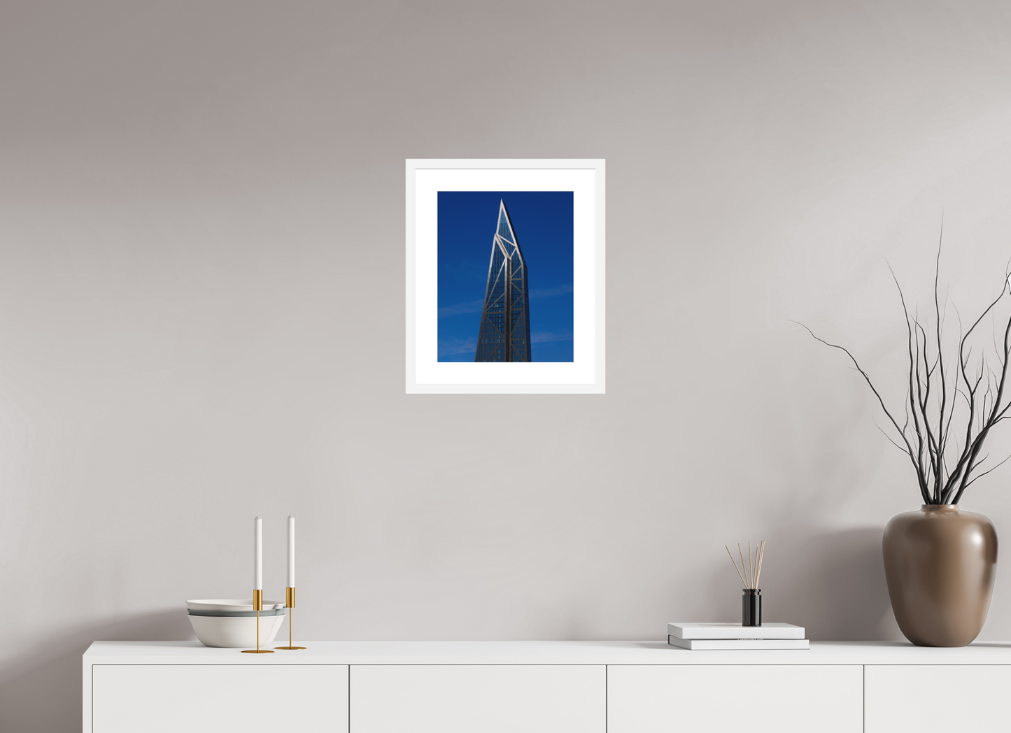 12 x 15″, Solid 0.8" White Wood Frame With 2" Natural White Passe-Partout with Museum Glass MoMA Tower