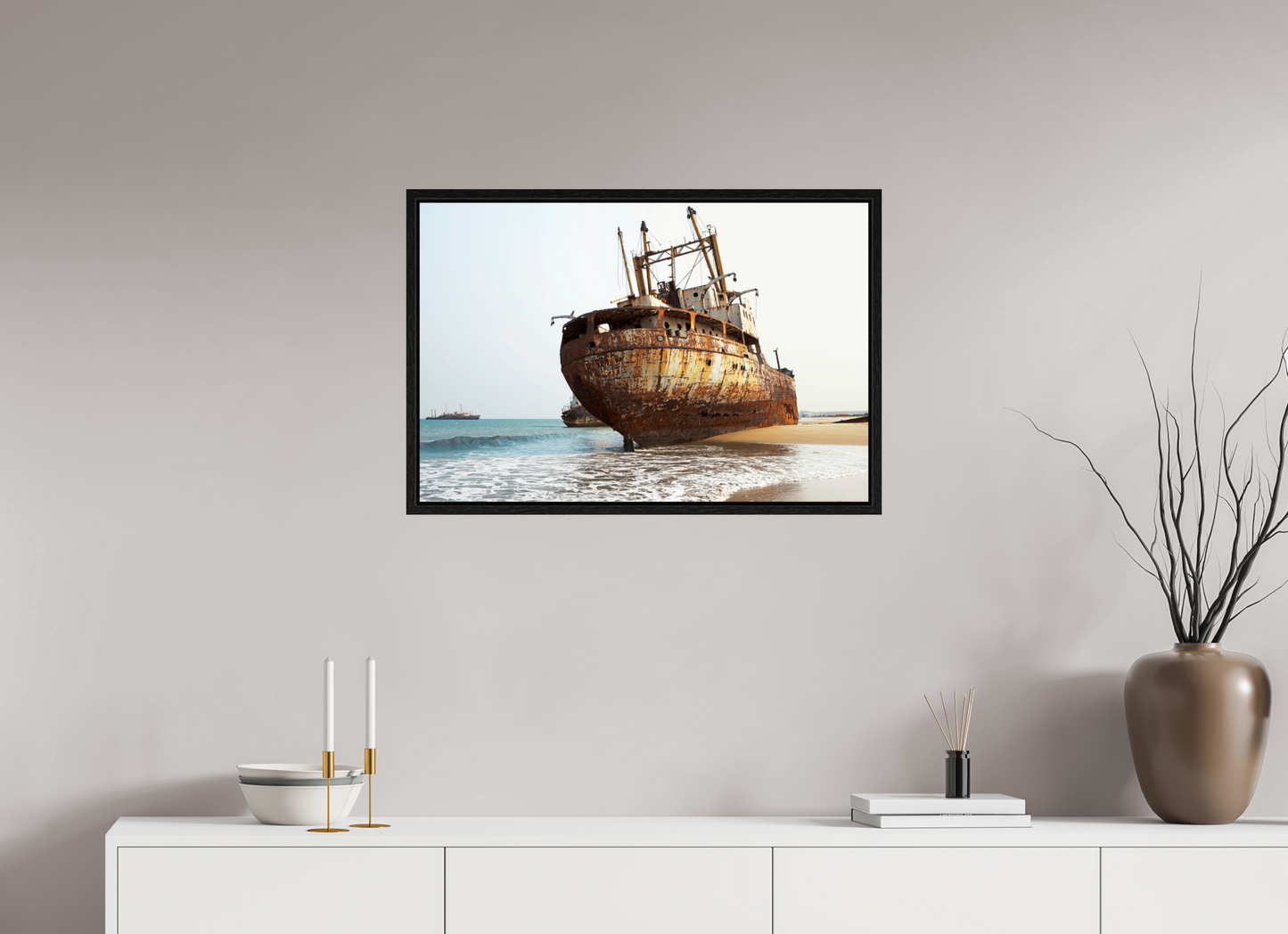 30 x 20″, Floater Frame Grounded Ships Angola