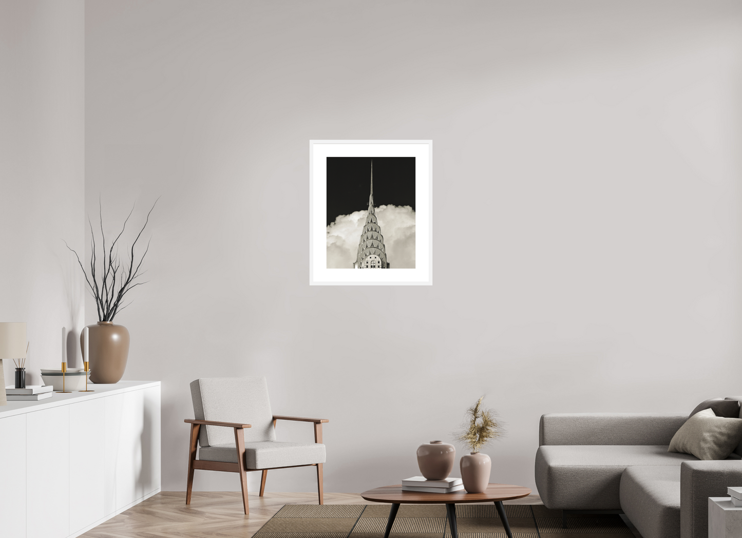 20 x 25″, Solid 0.8" White Wood Frame With 3" Natural White Passe-Partout with Museum Glass Chrysler Building Against Clouds