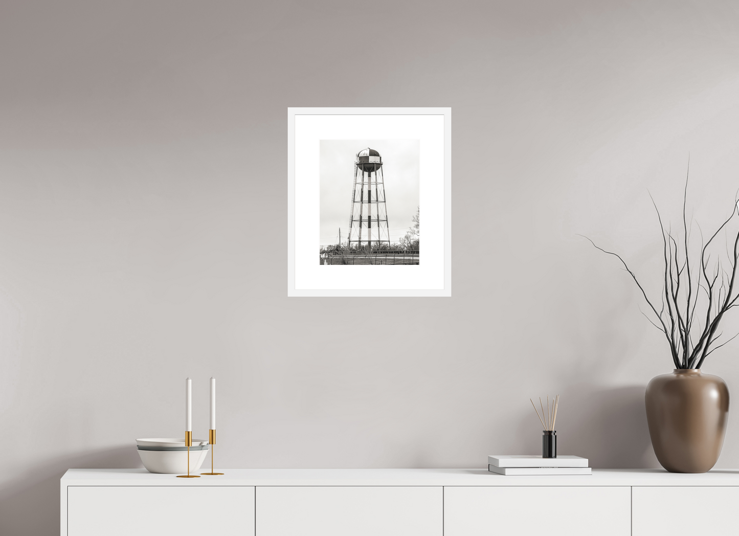 12 x 15″, Solid 0.8" White Wood Frame With 3" Natural White Passe-Partout with Museum Glass Checkered Water Tower