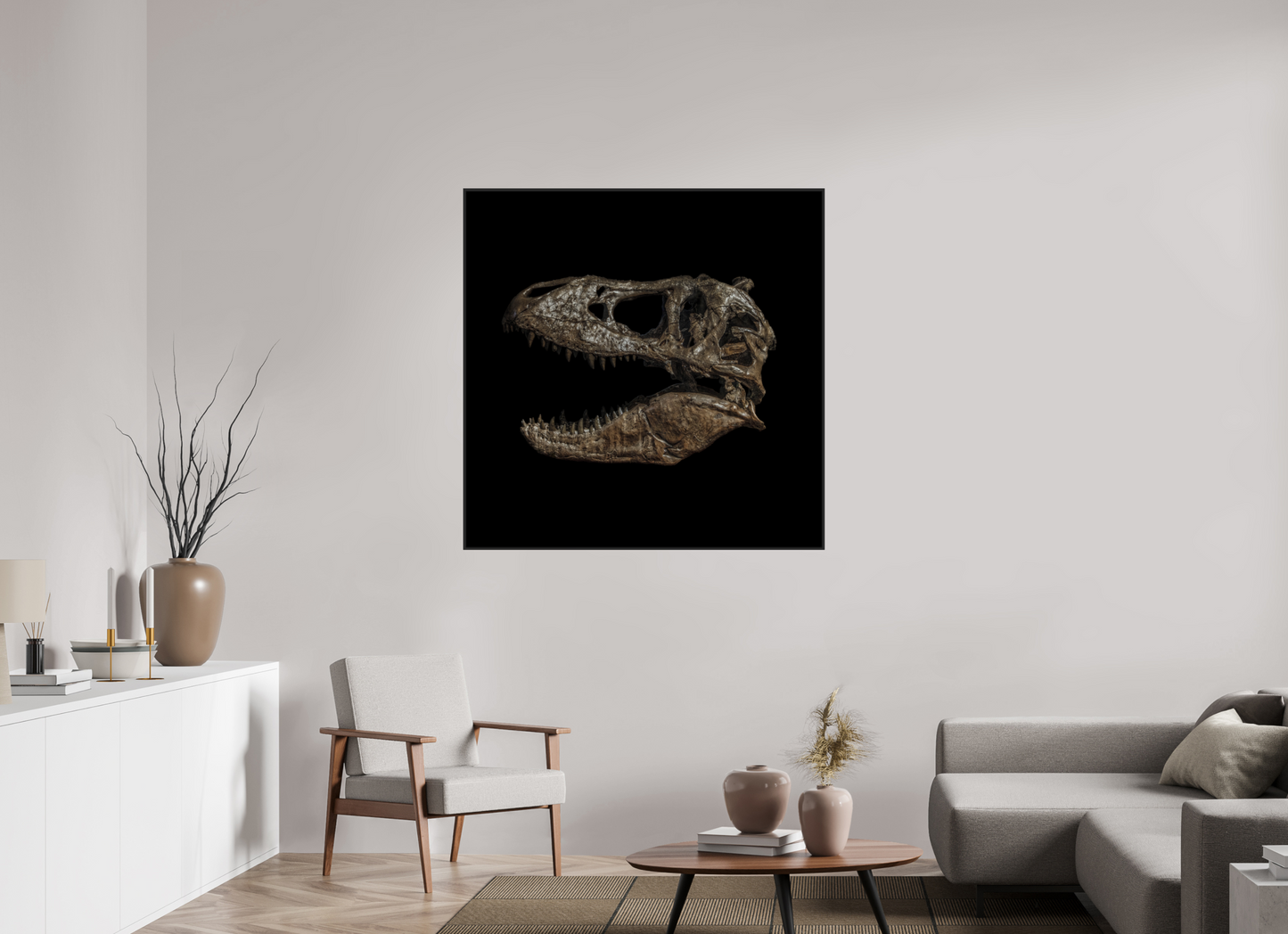 45 x 45″, Black Matte Frame, No Border T-Rex Skull