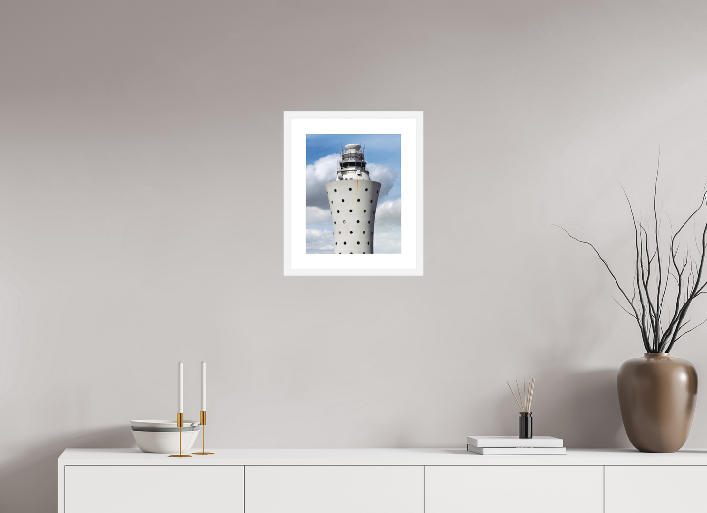 12 x 15″, Solid 0.8" White Wood Frame With 2" Natural White Passe-Partout with Museum Glass Air Traffic Tower