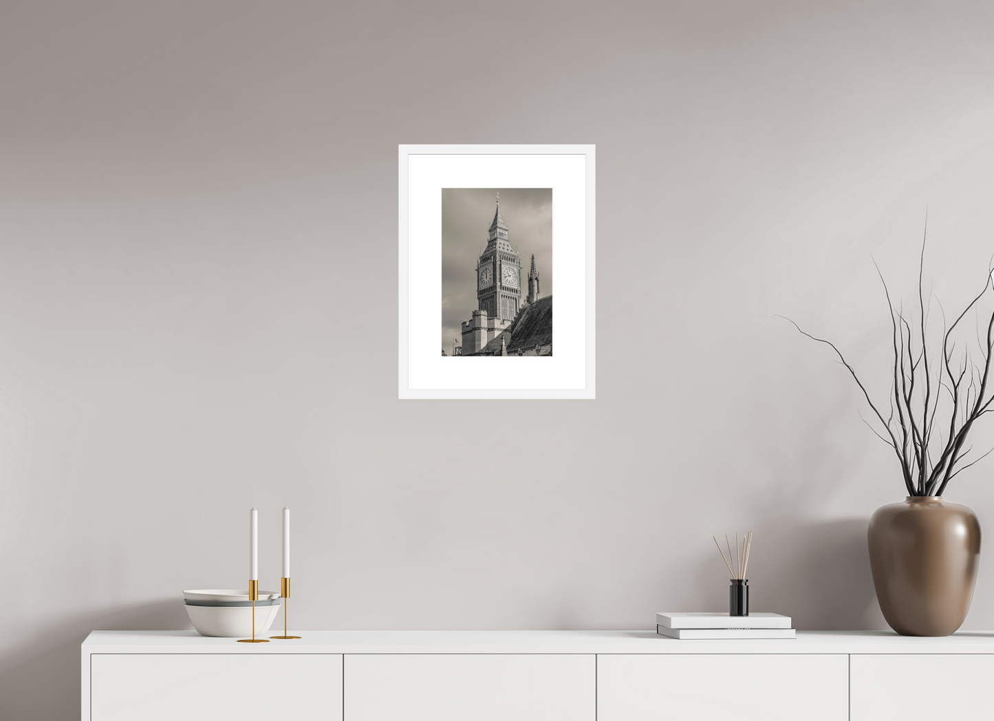 10 x 15″, Solid 0.8" White Wood Frame With 3" Natural White Passe-Partout with Museum Glass Big Ben