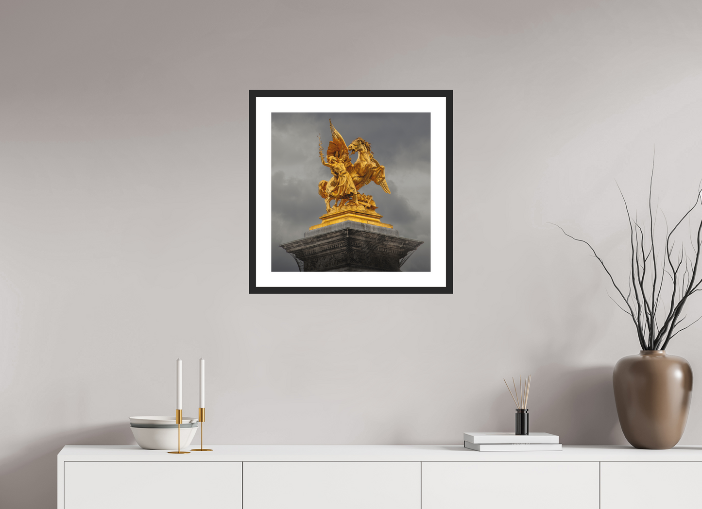 20 x 20″, Solid 0.8" Black Wood Frame With 2" Natural White Passe-Partout with Museum Glass Pegasus and Fame Sculpture