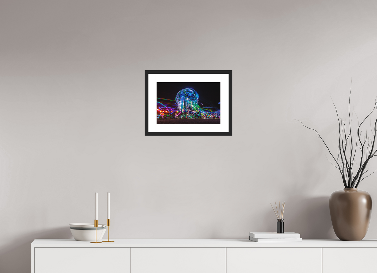 15 x 10″, Solid 0.8" Black Wood Frame With 2" Natural White Passe-Partout with Museum Glass Burning Man - Glass Jellyfish
