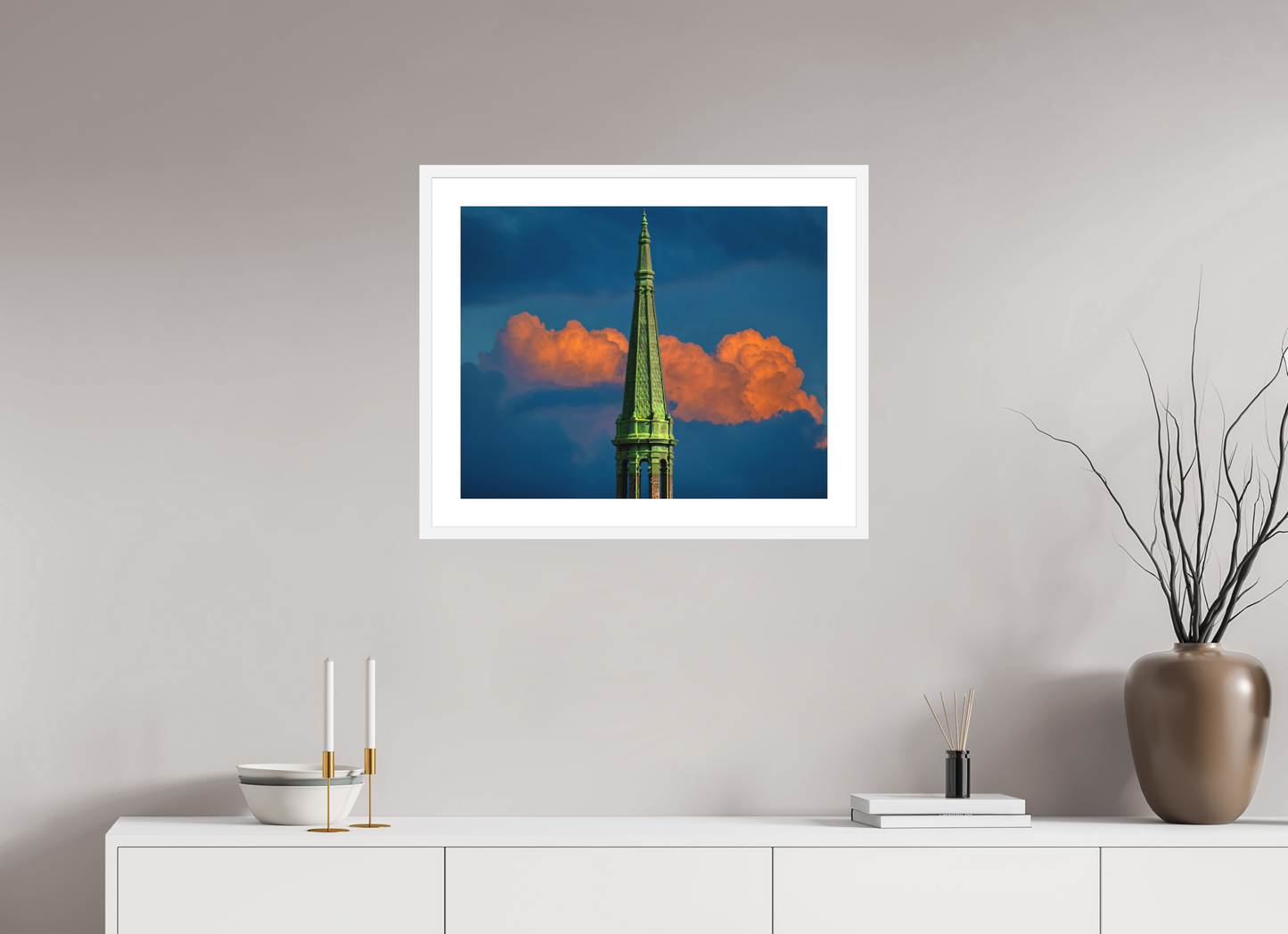 25 x 20″, Solid 0.8" White Wood Frame With 2" Natural White Passe-Partout with Museum Glass Orange Clouds and the top of the Sherry Netherland Hotel