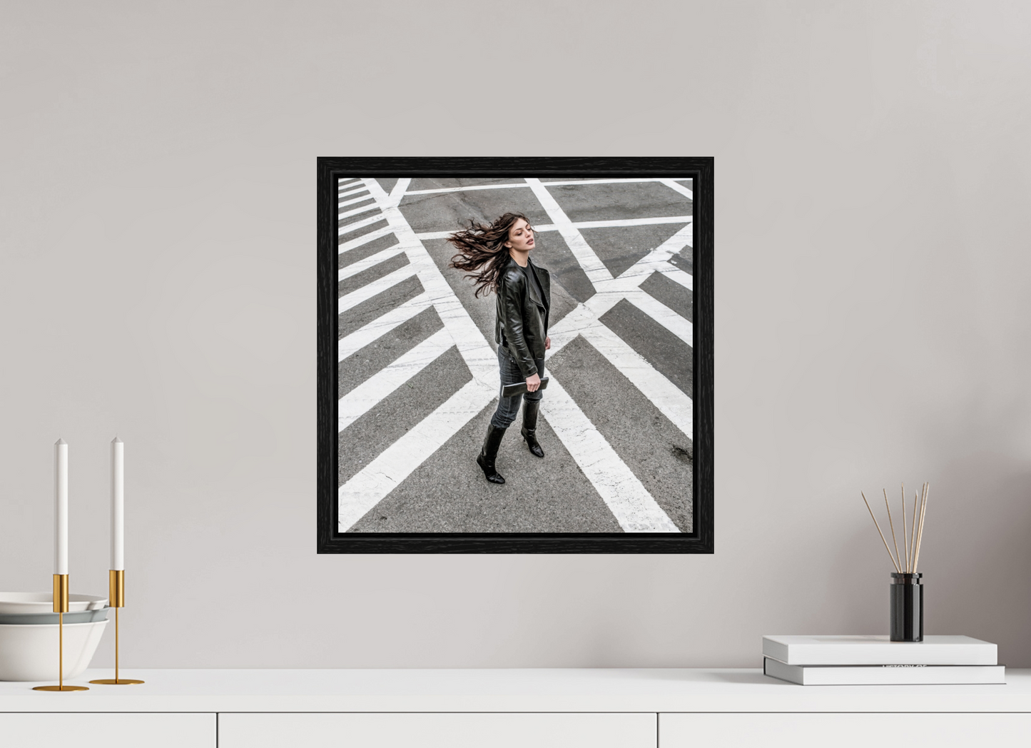 15 x 15″, Floater Frame Woman at Crosswalk