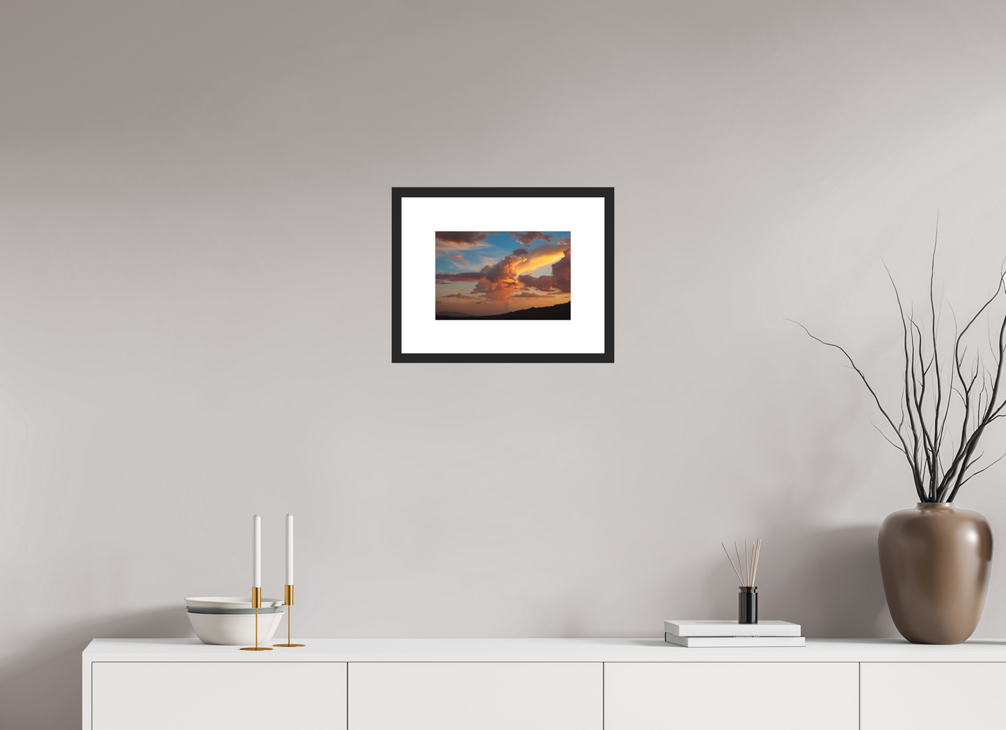 12 x 8″, Solid 0.8" Black Wood Frame With 3" Natural White Passe-Partout with Museum Glass Sunset Clouds and Mountains