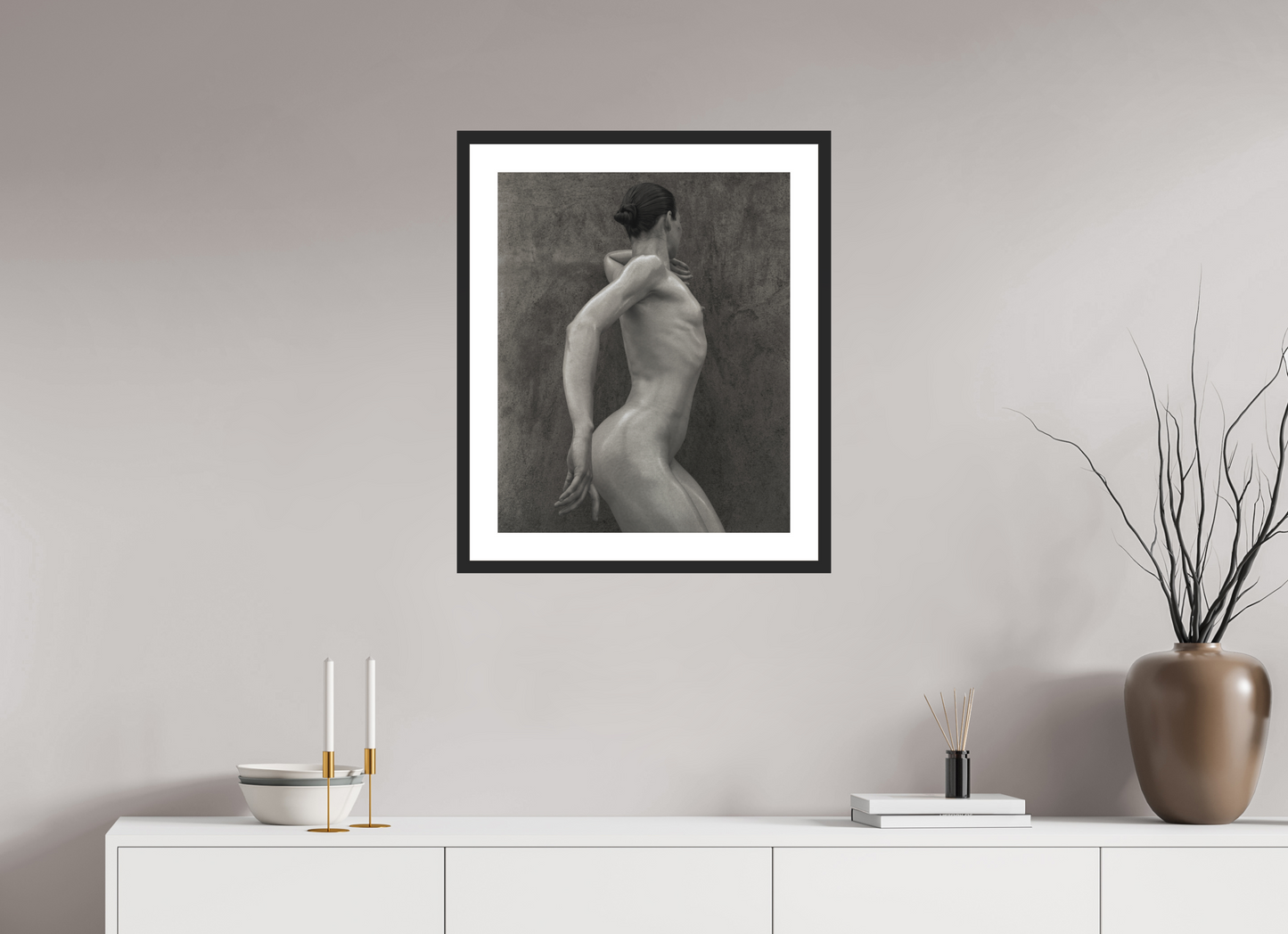 20 x 24.6″, Solid 0.8" Black Wood Frame With 2" Natural White Passe-Partout with Museum Glass Nude No. 44