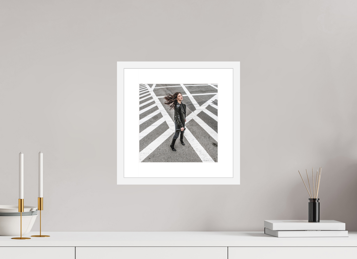 10 x 10″, Solid 0.8" White Wood Frame With 2" Natural White Passe-Partout with Museum Glass Woman at Crosswalk